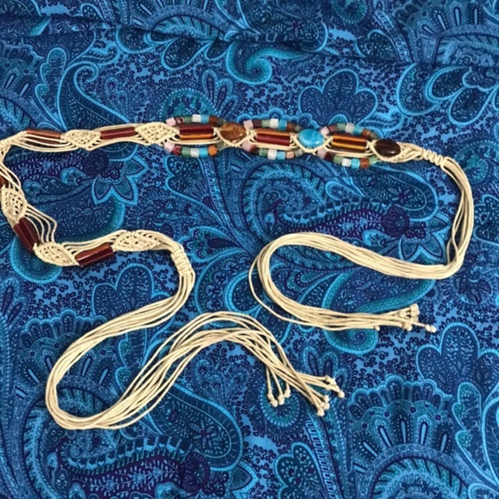Vintage Macrame Beaded Belt, 67” long.
